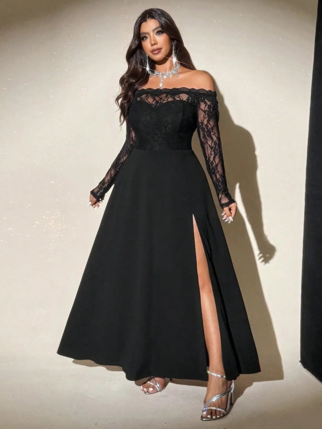 Plus Size off Shoulder Lace Maxi Dress, Long Sleeve Floral Bodice, High Slit Flowy Formal Gown, Dress for Weddings & Parties