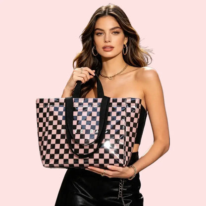 Women'S Extra Large Capacity Double Handle Casual Everyday Tote Bag - PVC Leather, Expandable, Cute, Modest Design, 2 Long & Short Shoulder Straps, Pink Leopard Print/Camouflage, Kiss Lock, Anti-Theft, for Daily Shopping, Holiday Use