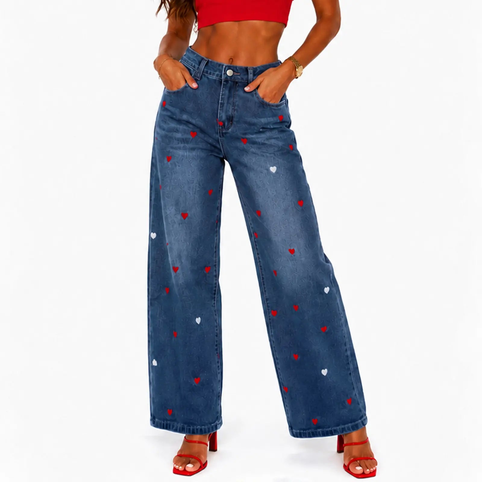 Utcoco Women'S Heart Graphic Wide Leg Jeans, Stretchy Denim Relaxed Fit Baggy Trousers for All Seasons, Trouser, Stretchy Baggy Jeans, Relaxed Fit Style, Loose Fit Wide-Leg Jeans