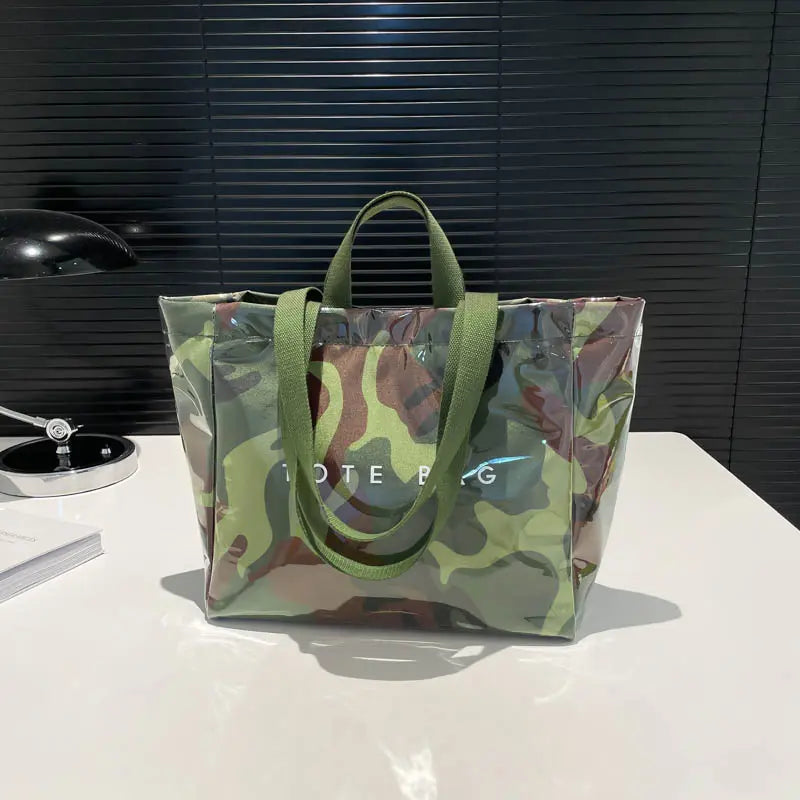 Women'S Extra Large Capacity Double Handle Casual Everyday Tote Bag - PVC Leather, Expandable, Cute, Modest Design, 2 Long & Short Shoulder Straps, Pink Leopard Print/Camouflage, Kiss Lock, Anti-Theft, for Daily Shopping, Holiday Use