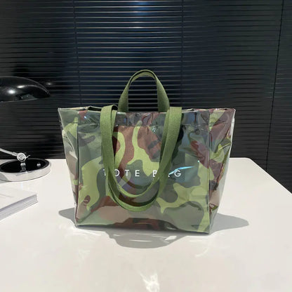 Women'S Extra Large Capacity Double Handle Casual Everyday Tote Bag - PVC Leather, Expandable, Cute, Modest Design, 2 Long & Short Shoulder Straps, Pink Leopard Print/Camouflage, Kiss Lock, Anti-Theft, for Daily Shopping, Holiday Use