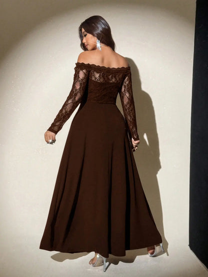 Plus Size off Shoulder Lace Maxi Dress, Long Sleeve Floral Bodice, High Slit Flowy Formal Gown, Dress for Weddings & Parties