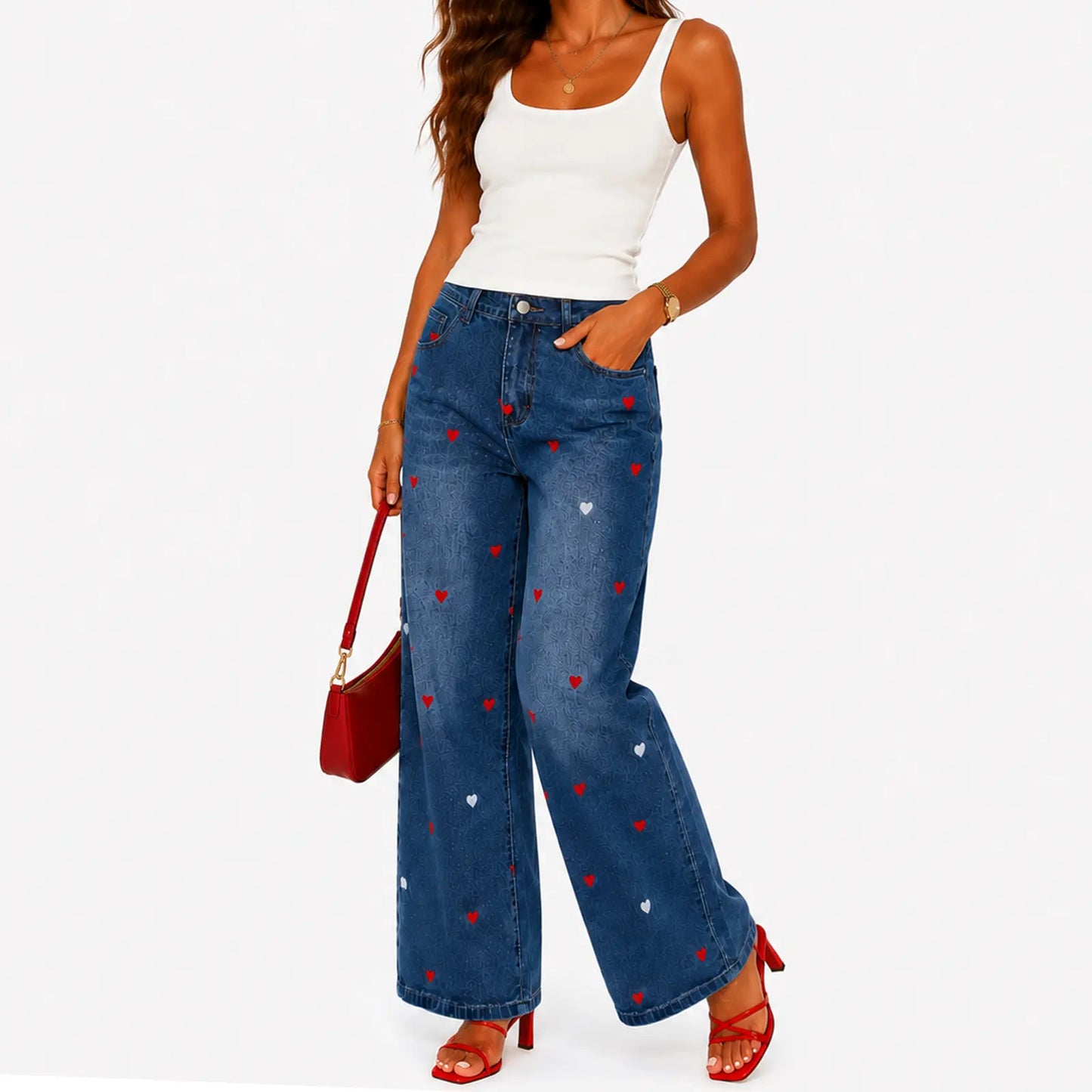 Utcoco Women'S Heart Graphic Wide Leg Jeans, Stretchy Denim Relaxed Fit Baggy Trousers for All Seasons, Trouser, Stretchy Baggy Jeans, Relaxed Fit Style, Loose Fit Wide-Leg Jeans