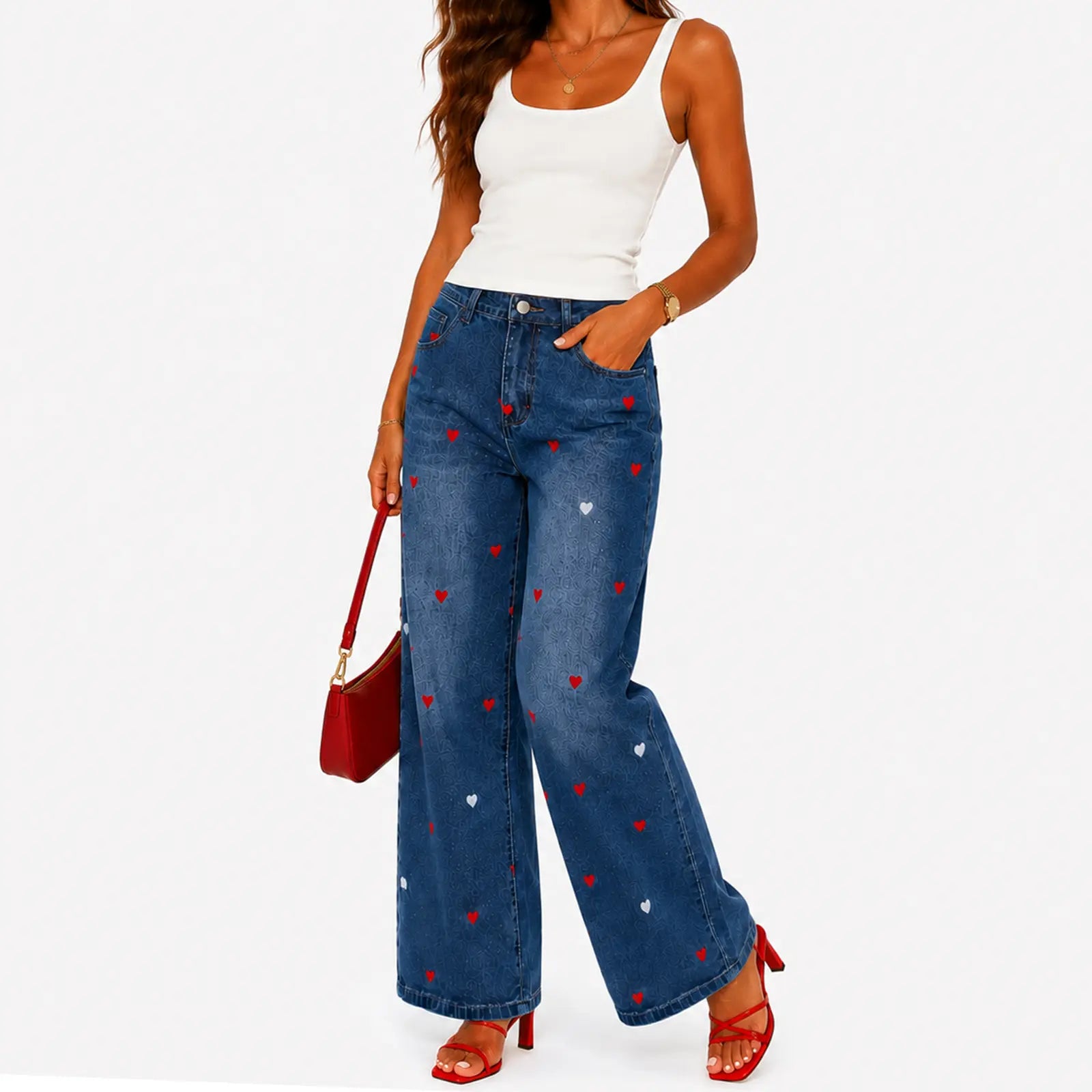 Utcoco Women'S Heart Graphic Wide Leg Jeans, Stretchy Denim Relaxed Fit Baggy Trousers for All Seasons, Trouser, Stretchy Baggy Jeans, Relaxed Fit Style, Loose Fit Wide-Leg Jeans