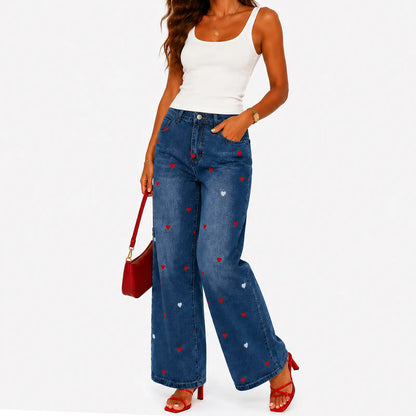 Utcoco Women'S Heart Graphic Wide Leg Jeans, Stretchy Denim Relaxed Fit Baggy Trousers for All Seasons, Trouser, Stretchy Baggy Jeans, Relaxed Fit Style, Loose Fit Wide-Leg Jeans