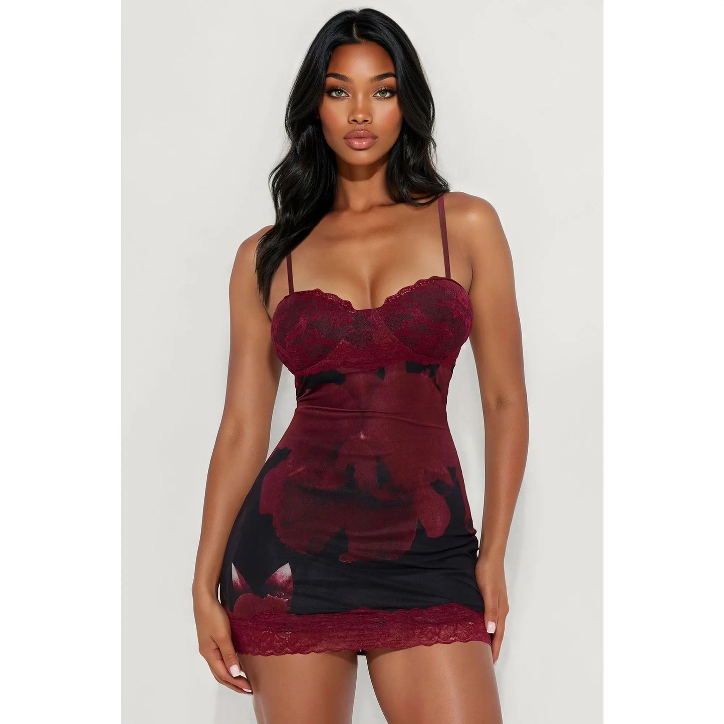 Courtney Mesh Lace Mini Dress - Red/Combo