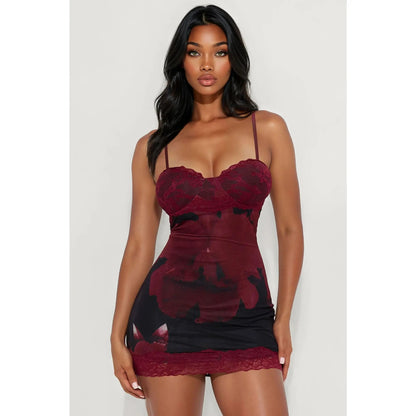 Courtney Mesh Lace Mini Dress - Red/Combo