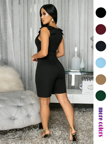 Women'S Summer One-Piece Shorts, High-Waisted Slim Fit Casual Commuter Dress, Square Neck Sleeveless Zipper Wide Leg Short Dress