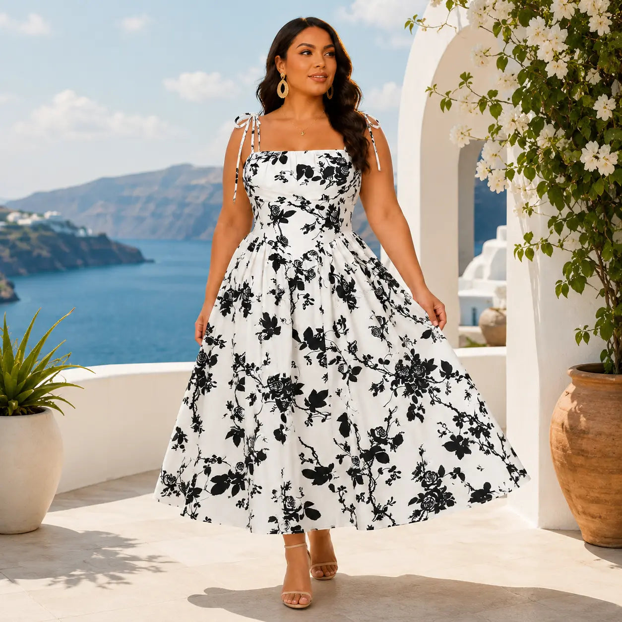 Plus Size Curvy Fit Black Rose Print Midi Sundress, Shirred Stretch Smocked Back, Adjustable Tie Straps Flowy A-Line Vacation Summer Dress Casual Wear Womenswear