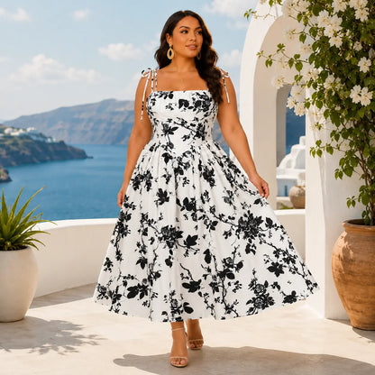 Plus Size Curvy Fit Black Rose Print Midi Sundress, Shirred Stretch Smocked Back, Adjustable Tie Straps Flowy A-Line Vacation Summer Dress Casual Wear Womenswear