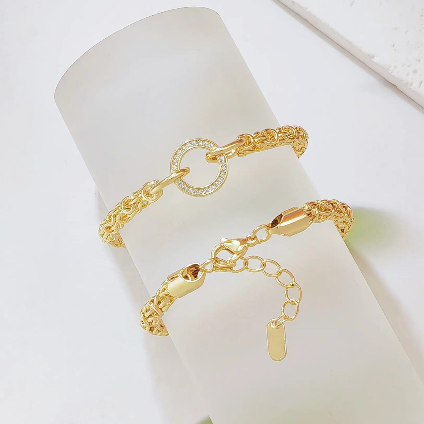 18K Gold Plated Byzantine Chain Bracelet for Women, Adjustable Link Bracelet with Pave Crystal Circle Charm, 7 Inch, Dainty Statement Jewelry Gift