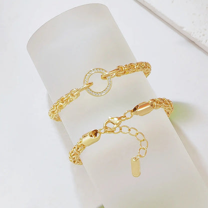 18K Gold Plated Byzantine Chain Bracelet for Women, Adjustable Link Bracelet with Pave Crystal Circle Charm, 7 Inch, Dainty Statement Jewelry Gift