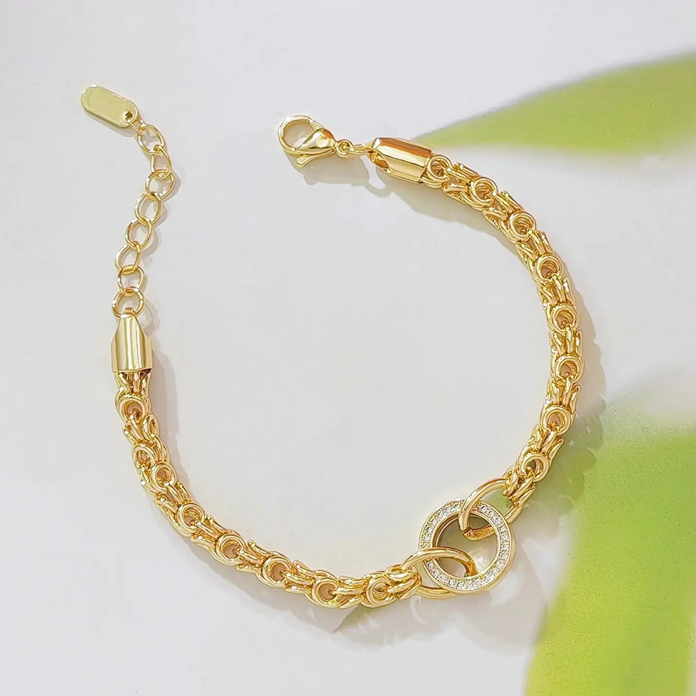 18K Gold Plated Byzantine Chain Bracelet for Women, Adjustable Link Bracelet with Pave Crystal Circle Charm, 7 Inch, Dainty Statement Jewelry Gift