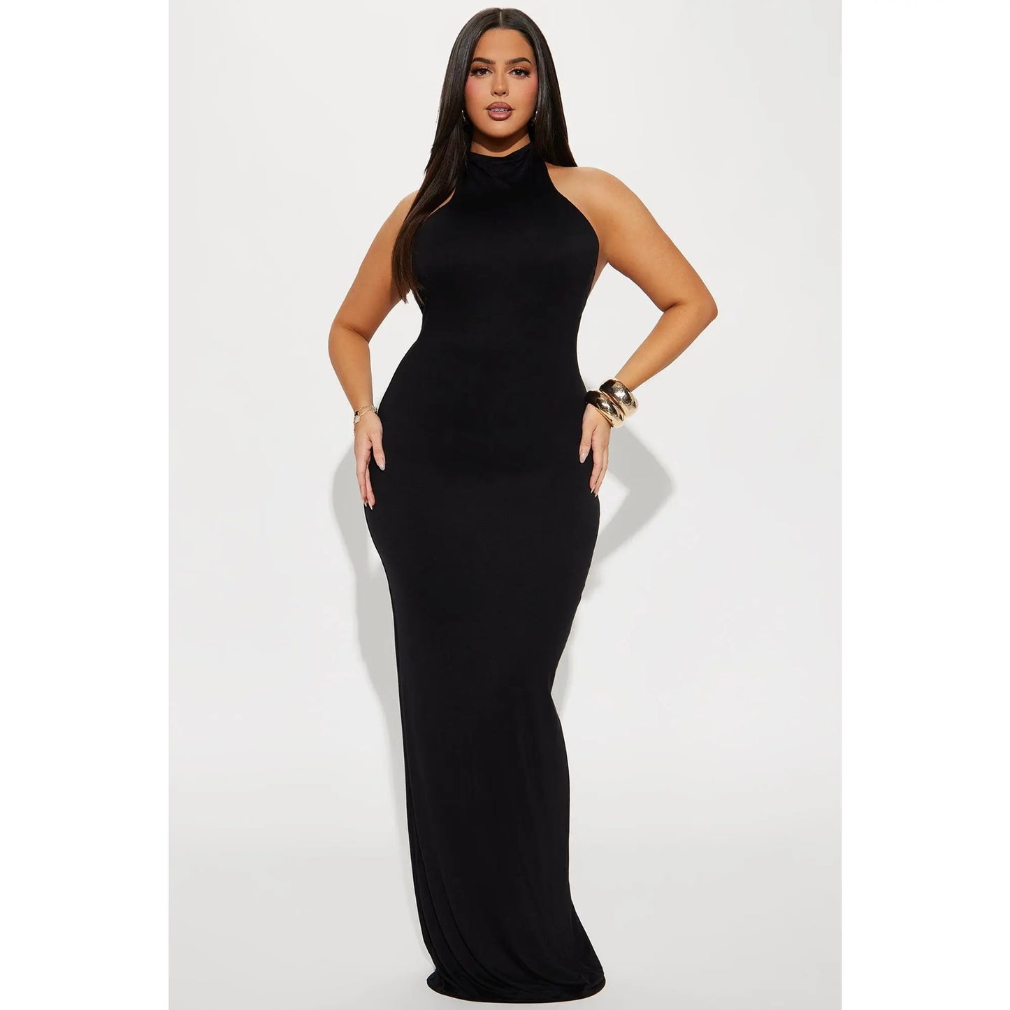 Smooth Double Lined Halter Maxi Dress - Black
