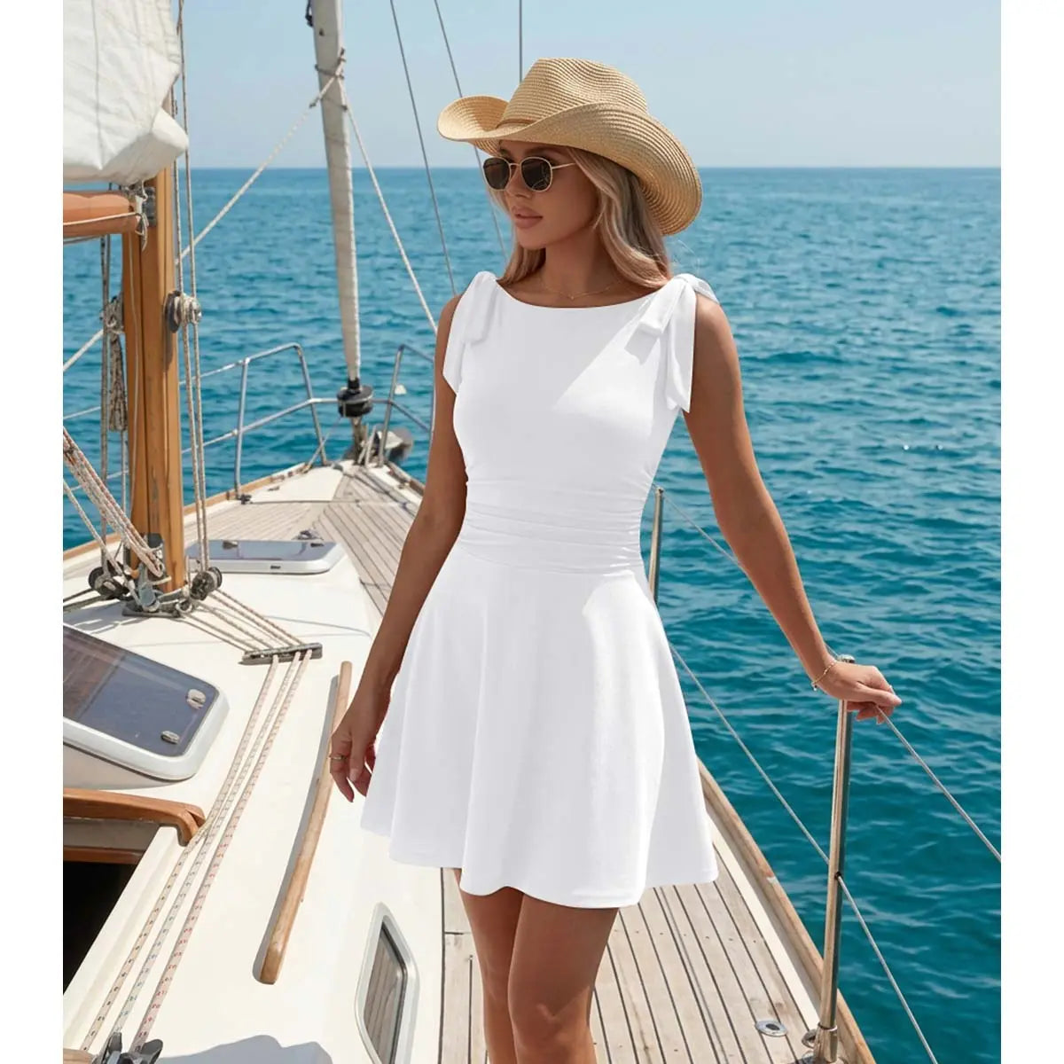 OYS Women'S Summer Boat Neck Sleeveless Bow Tie Ruched Party Cocktail a Line Mini Dress with Pockets