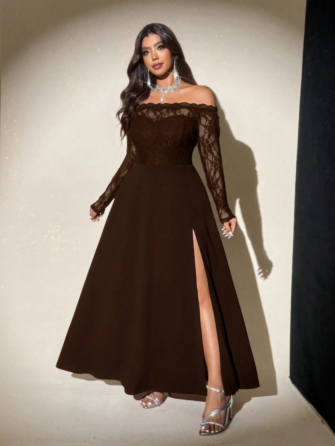 Plus Size off Shoulder Lace Maxi Dress, Long Sleeve Floral Bodice, High Slit Flowy Formal Gown, Dress for Weddings & Parties