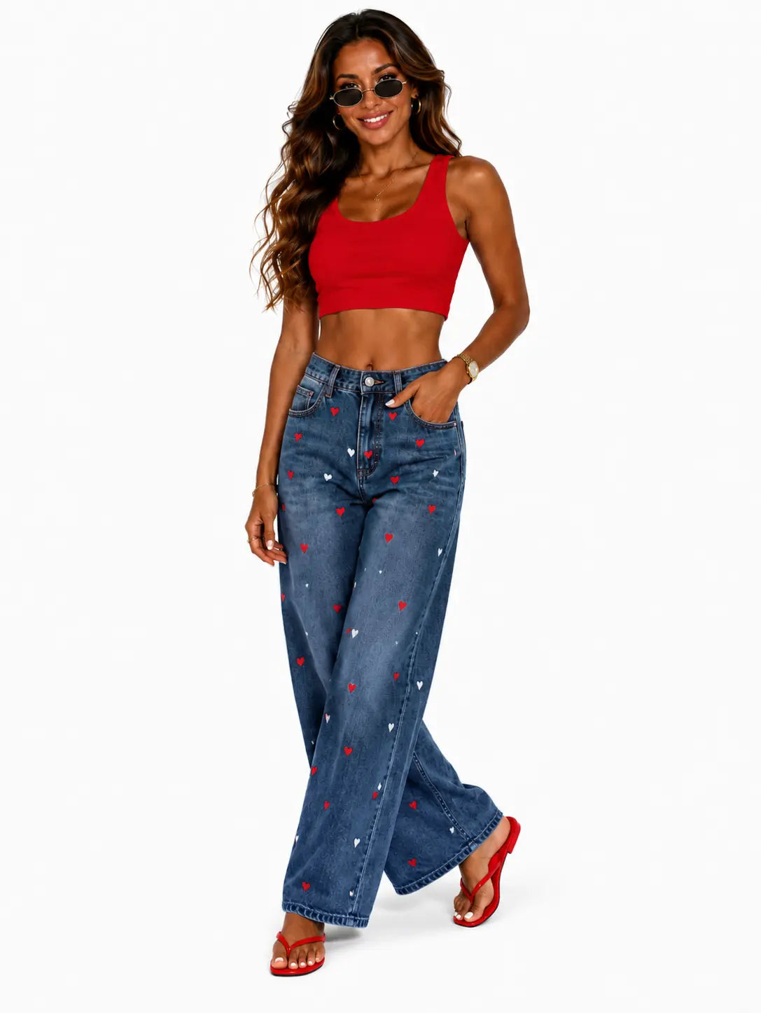 Utcoco Women'S Heart Graphic Wide Leg Jeans, Stretchy Denim Relaxed Fit Baggy Trousers for All Seasons, Trouser, Stretchy Baggy Jeans, Relaxed Fit Style, Loose Fit Wide-Leg Jeans