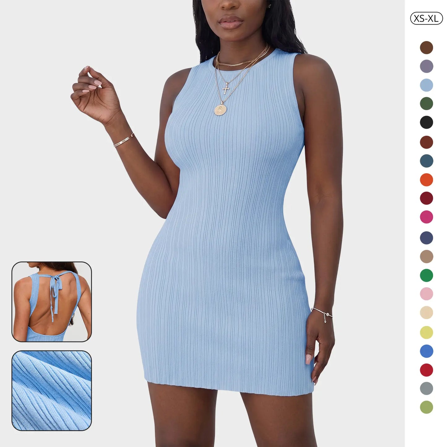 Wenrine Women'S Summer Backless Mini Dress Tie Back Casual Sleeveless Slim Club Party Knit Tank Dresses