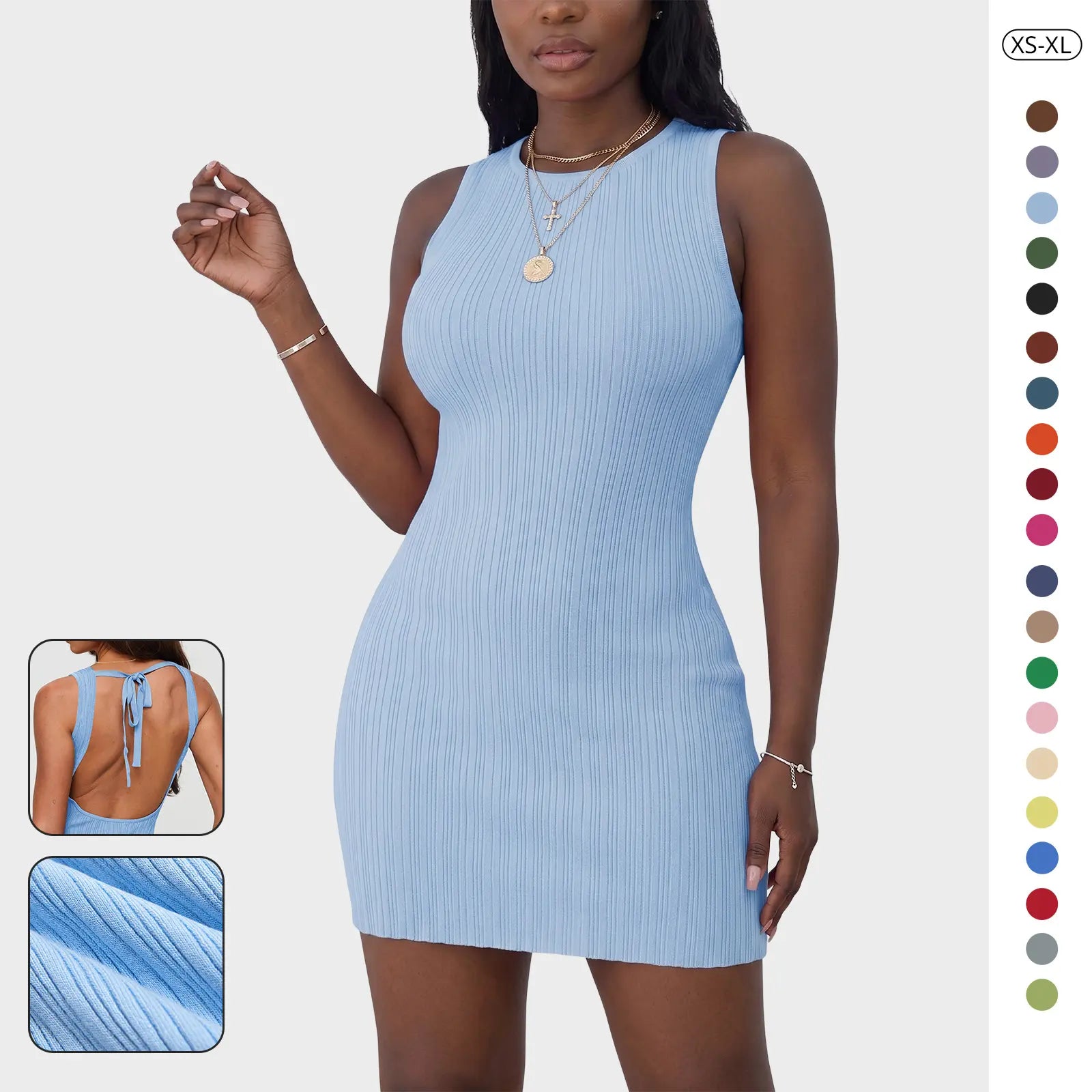 Wenrine Women'S Summer Backless Mini Dress Tie Back Casual Sleeveless Slim Club Party Knit Tank Dresses