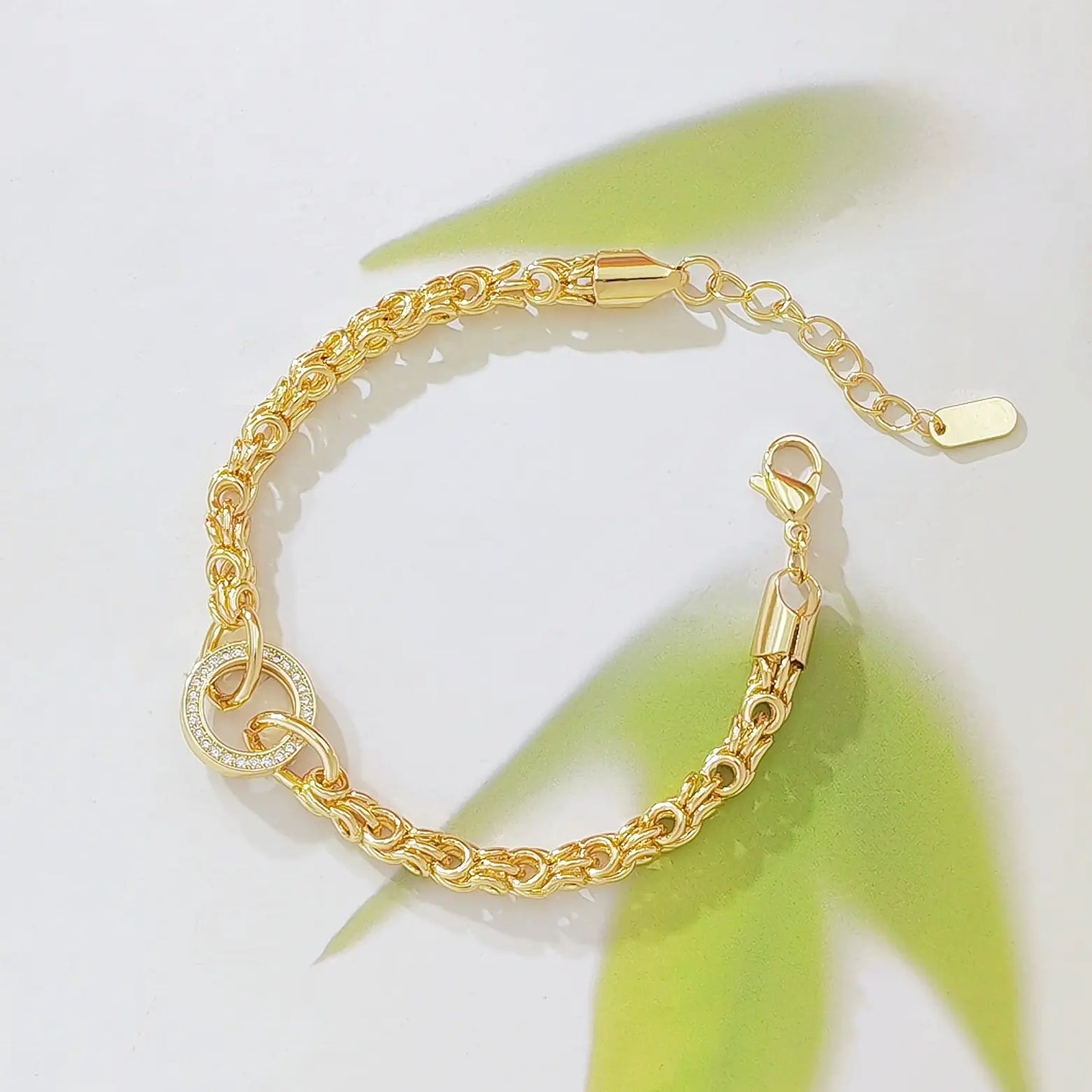 18K Gold Plated Byzantine Chain Bracelet for Women, Adjustable Link Bracelet with Pave Crystal Circle Charm, 7 Inch, Dainty Statement Jewelry Gift