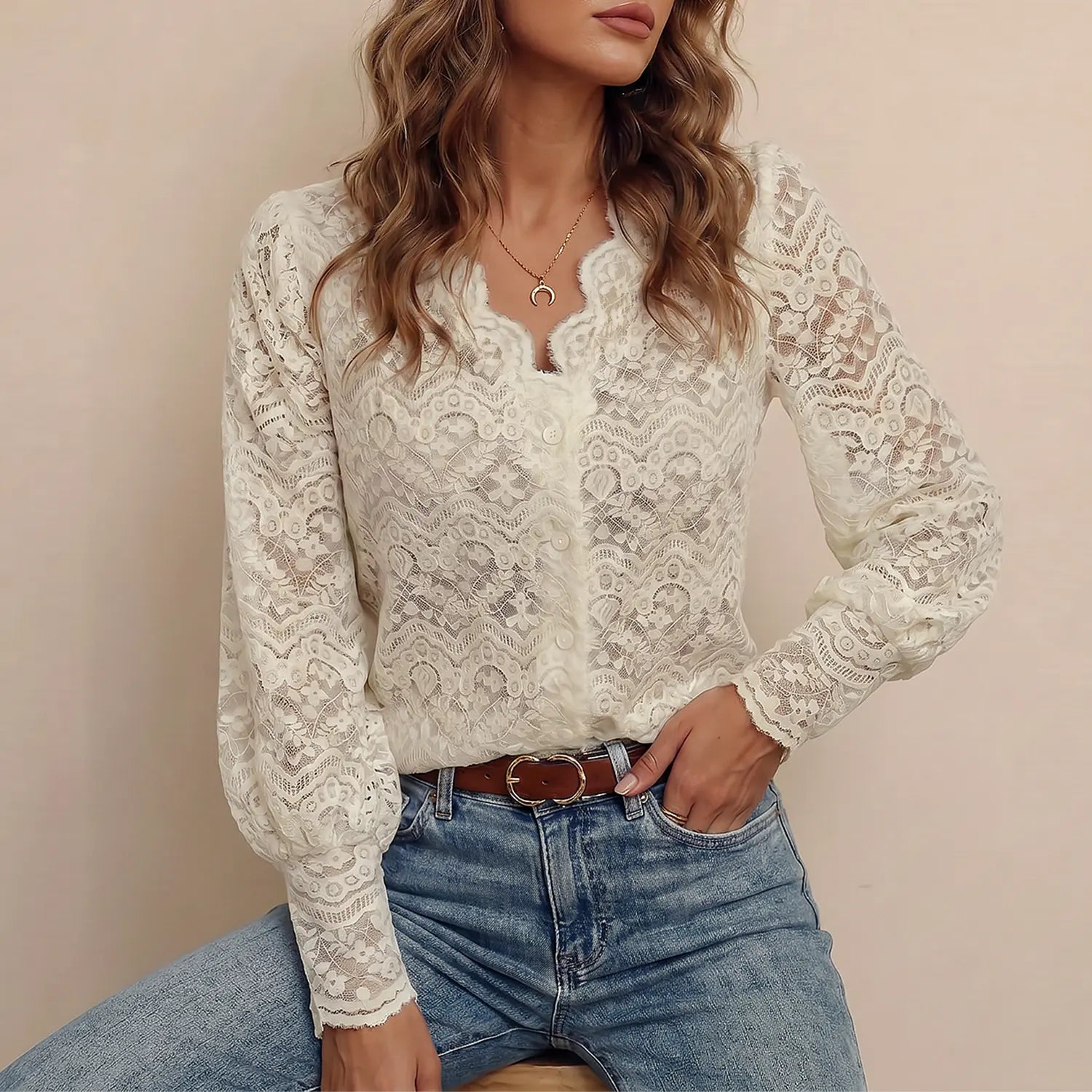 Chicovar Women'S Lace Blouse, V Neck Long Sleeve Shirt, Button Down, Lantern Sleeves with Elastic Cuffs, Elegant Floral Lace Tops Dressy Casual for Daily Wear Formal Going Out Date Business Work