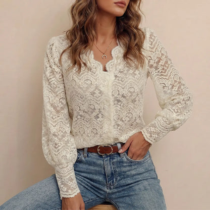Chicovar Women'S Lace Blouse, V Neck Long Sleeve Shirt, Button Down, Lantern Sleeves with Elastic Cuffs, Elegant Floral Lace Tops Dressy Casual for Daily Wear Formal Going Out Date Business Work