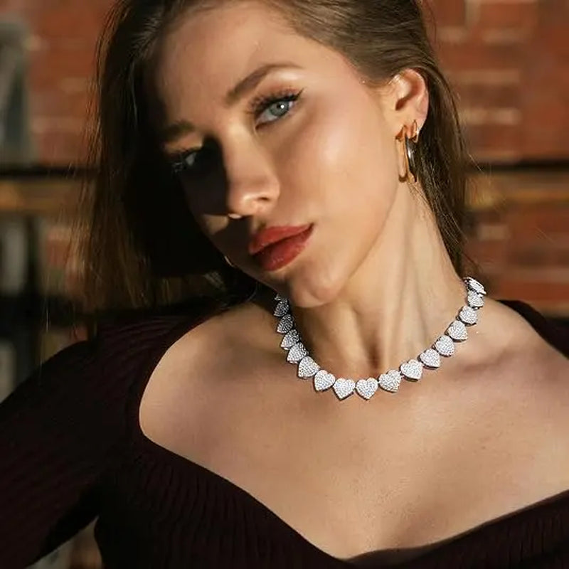 2Pcs Set Heart Shaped Cuban Chain Necklace Set for &,Hip Hop Style Choker Set,Luxurious Jewelry Set for Valentine'S Day Gifts, Birthday,Everyday & Party Wear, for Teenager