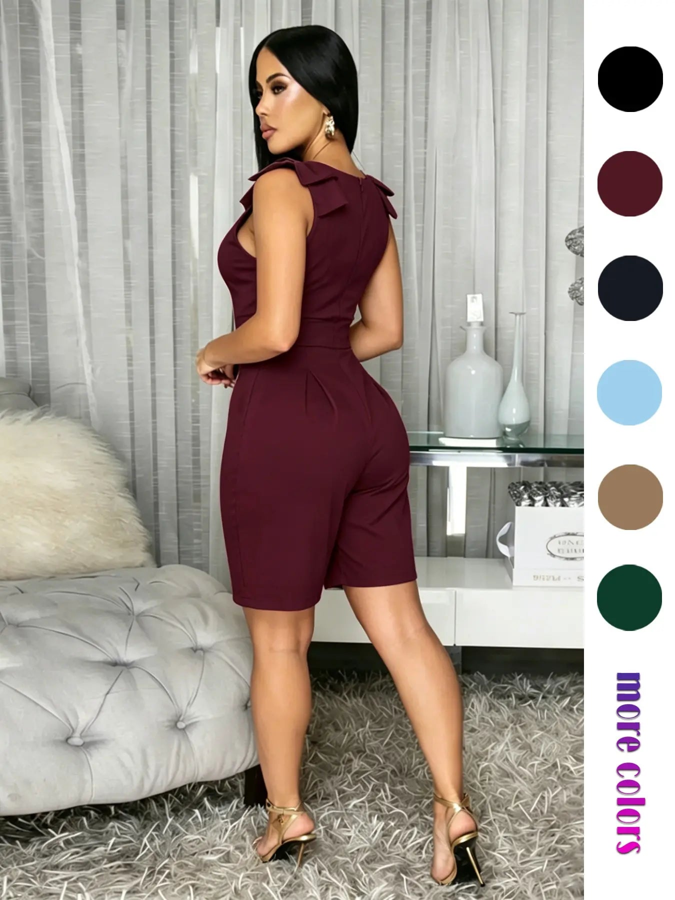 Women'S Summer One-Piece Shorts, High-Waisted Slim Fit Casual Commuter Dress, Square Neck Sleeveless Zipper Wide Leg Short Dress