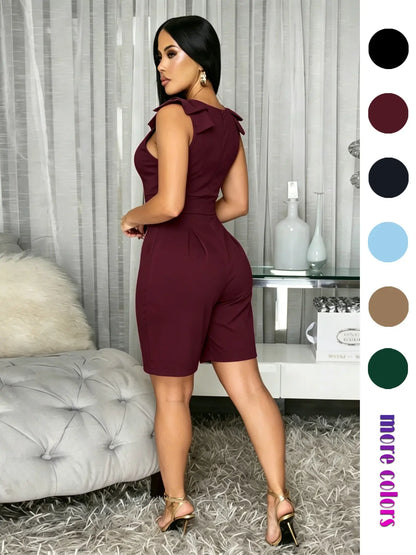 Women'S Summer One-Piece Shorts, High-Waisted Slim Fit Casual Commuter Dress, Square Neck Sleeveless Zipper Wide Leg Short Dress