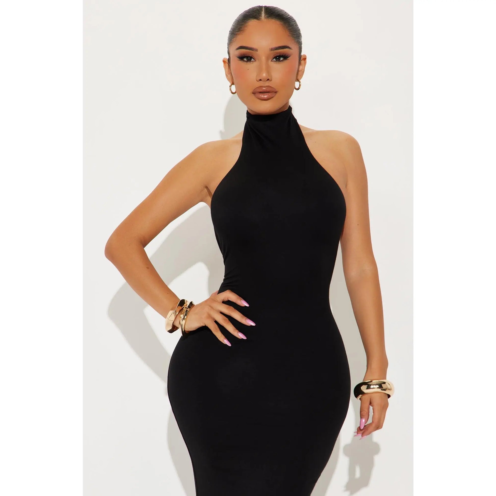 Smooth Double Lined Halter Maxi Dress - Black