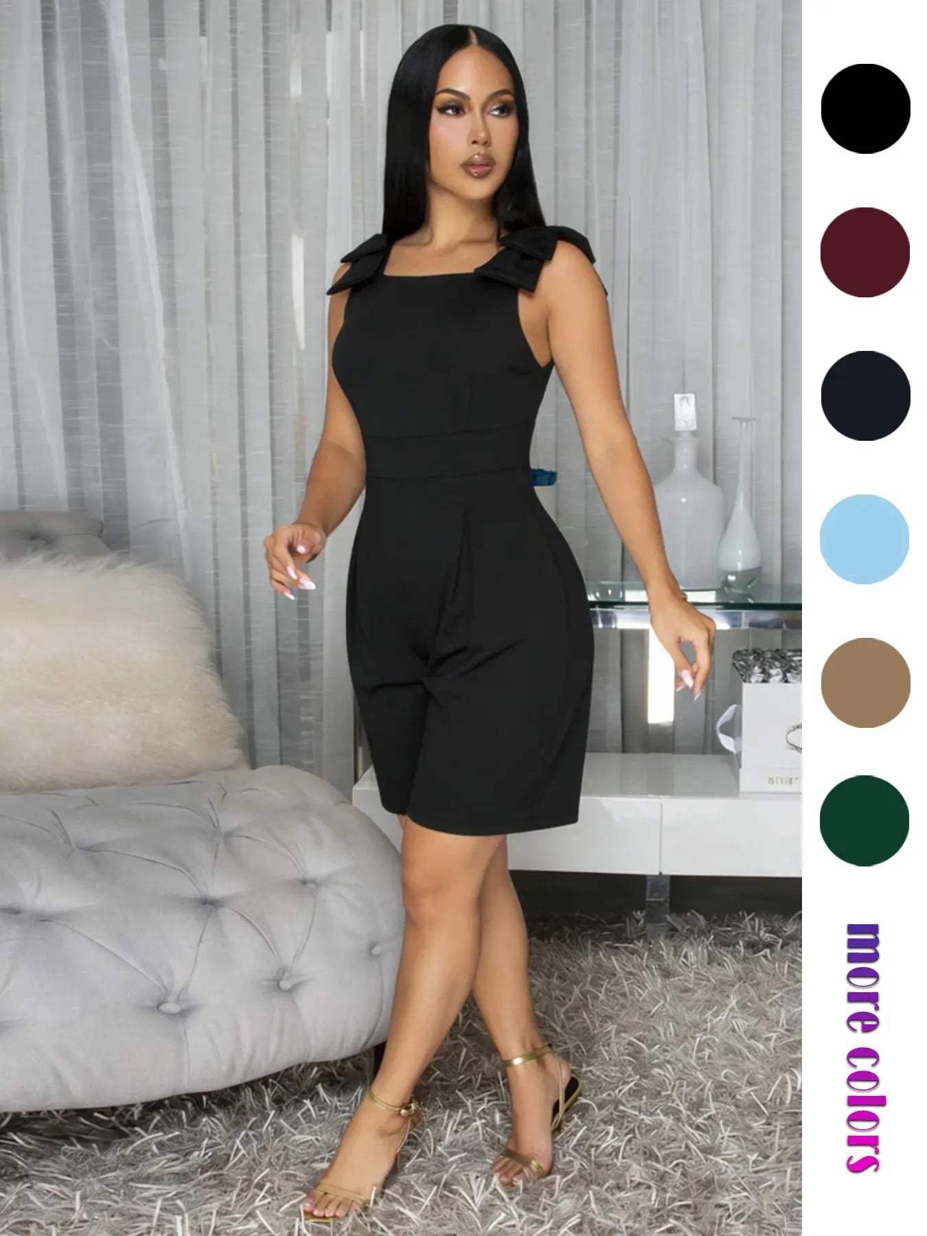 Women'S Summer One-Piece Shorts, High-Waisted Slim Fit Casual Commuter Dress, Square Neck Sleeveless Zipper Wide Leg Short Dress