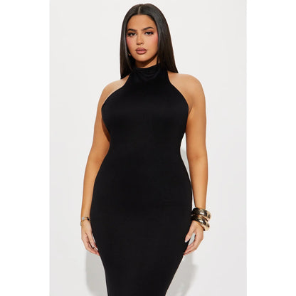 Smooth Double Lined Halter Maxi Dress - Black