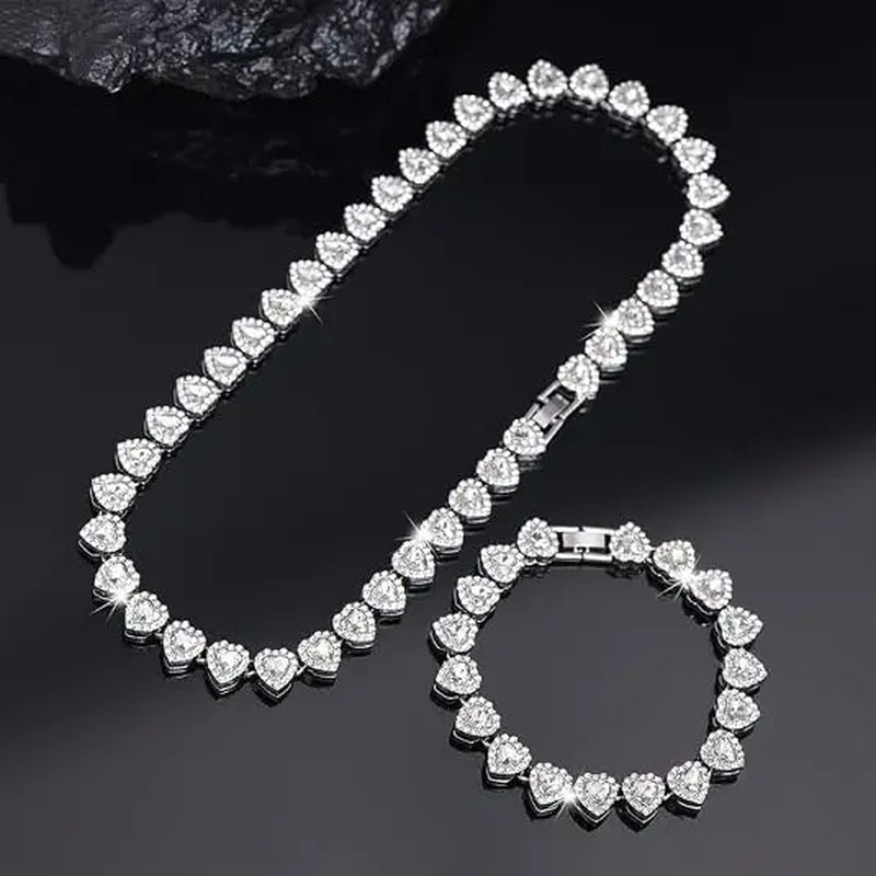 2Pcs Set Heart Shaped Cuban Chain Necklace Set for &,Hip Hop Style Choker Set,Luxurious Jewelry Set for Valentine'S Day Gifts, Birthday,Everyday & Party Wear, for Teenager
