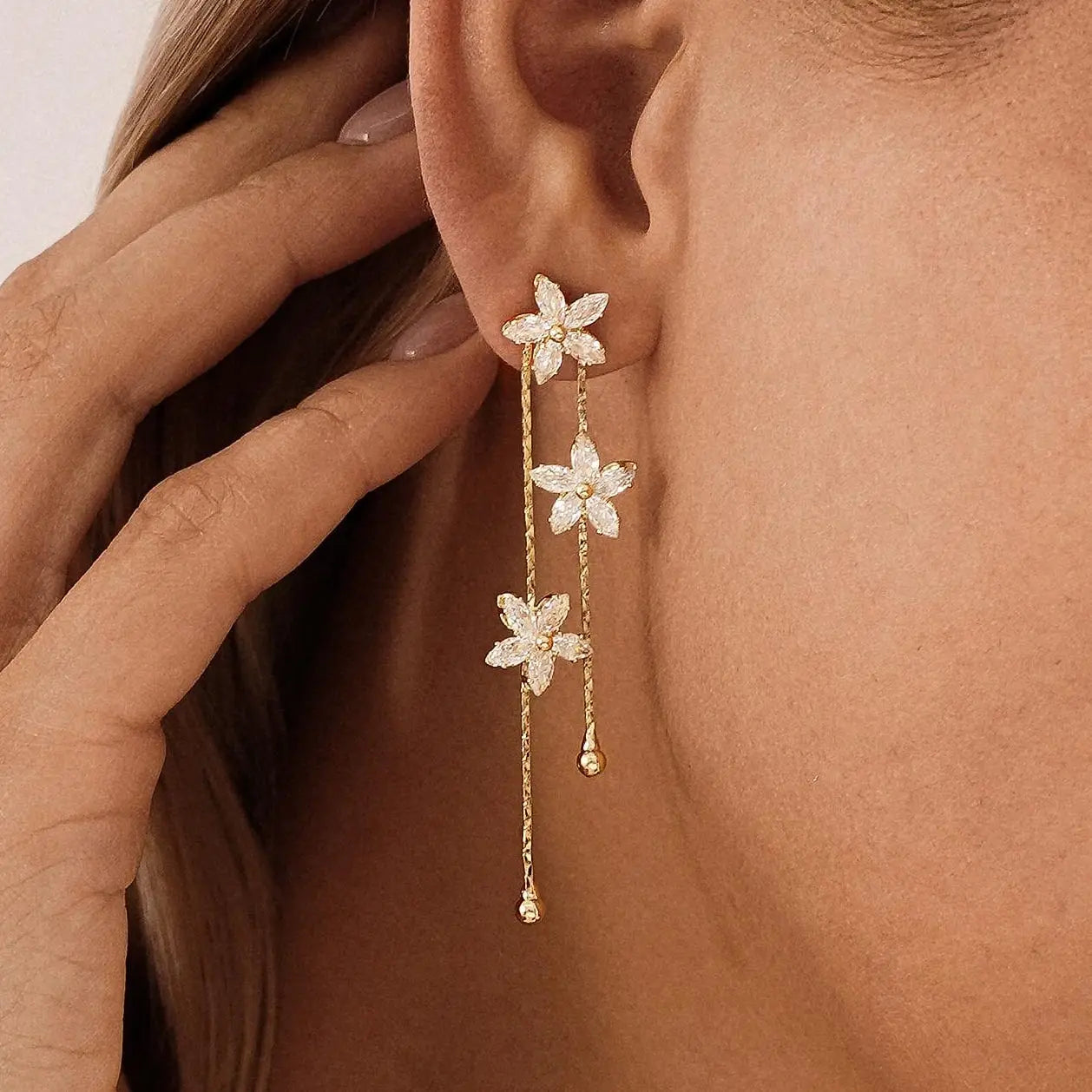 Modmints Handcrafted Flower Diamond Drop Earrings - Minimalist Gold Crystal Dangle Jewelry, Elegant Earring for Women, Wedding Bridesmaid Gift Keepsake, Handcrafted Earrings