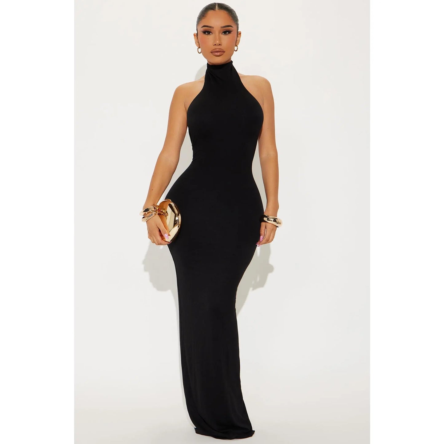 Smooth Double Lined Halter Maxi Dress - Black