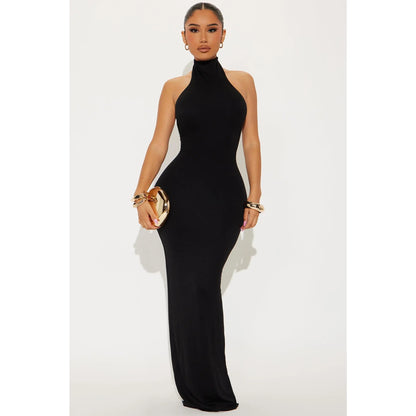 Smooth Double Lined Halter Maxi Dress - Black