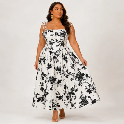 Plus Size Curvy Fit Black Rose Print Midi Sundress, Shirred Stretch Smocked Back, Adjustable Tie Straps Flowy A-Line Vacation Summer Dress Casual Wear Womenswear