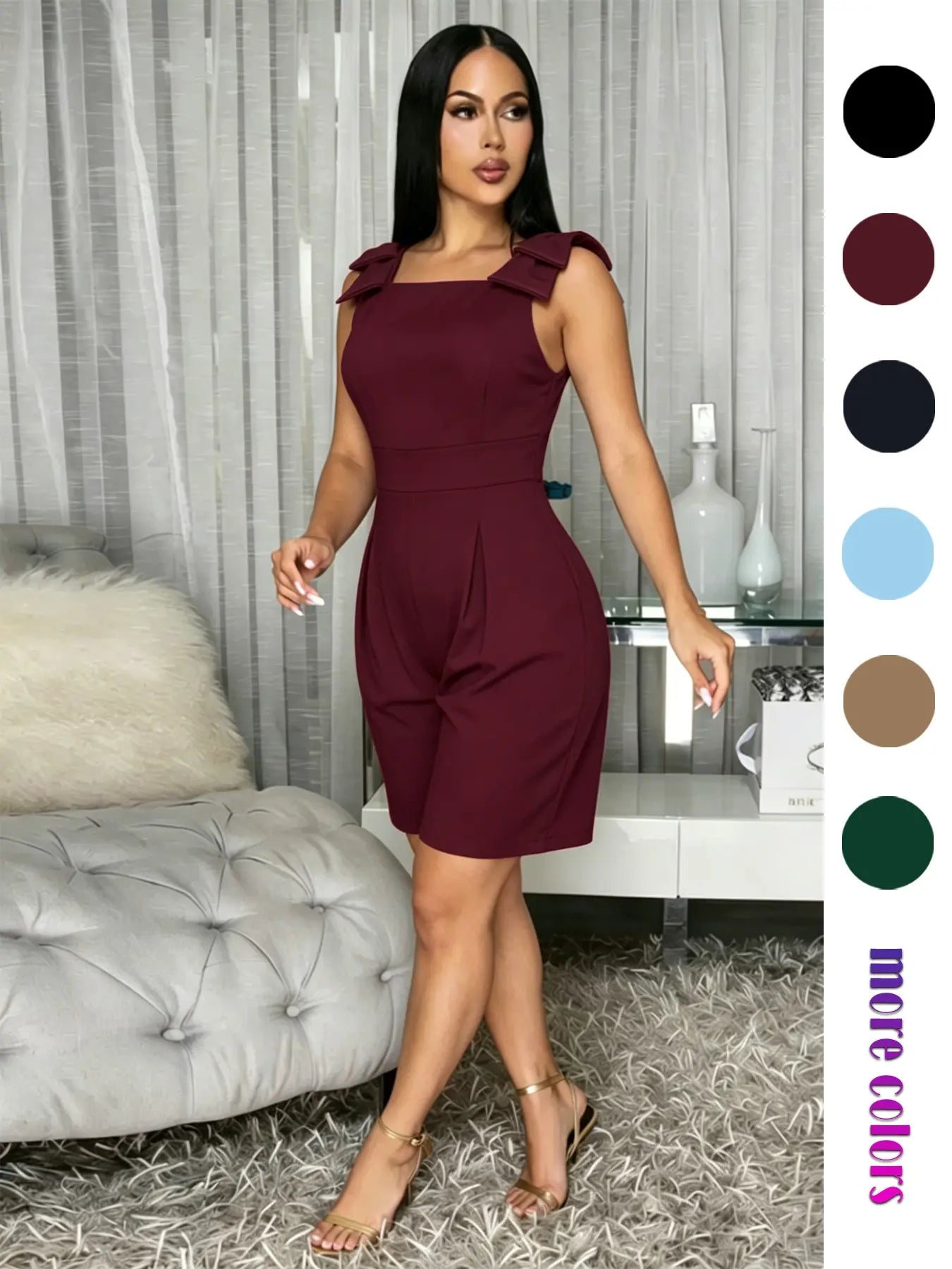 Women'S Summer One-Piece Shorts, High-Waisted Slim Fit Casual Commuter Dress, Square Neck Sleeveless Zipper Wide Leg Short Dress