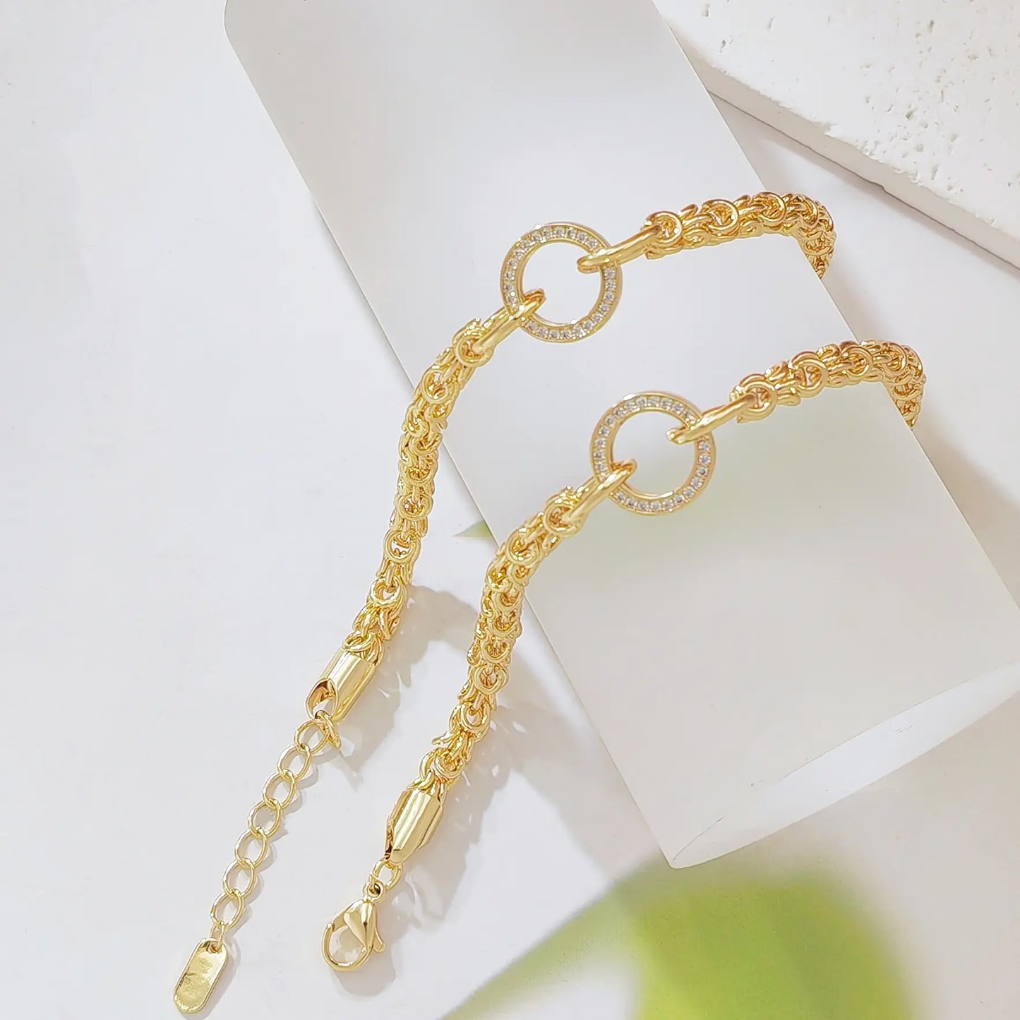 18K Gold Plated Byzantine Chain Bracelet for Women, Adjustable Link Bracelet with Pave Crystal Circle Charm, 7 Inch, Dainty Statement Jewelry Gift