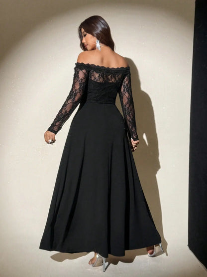 Plus Size off Shoulder Lace Maxi Dress, Long Sleeve Floral Bodice, High Slit Flowy Formal Gown, Dress for Weddings & Parties