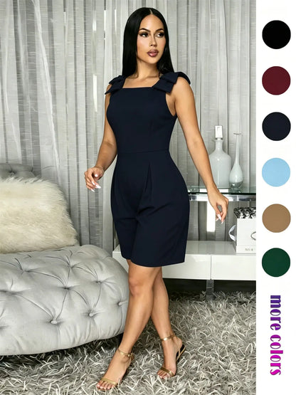Women'S Summer One-Piece Shorts, High-Waisted Slim Fit Casual Commuter Dress, Square Neck Sleeveless Zipper Wide Leg Short Dress