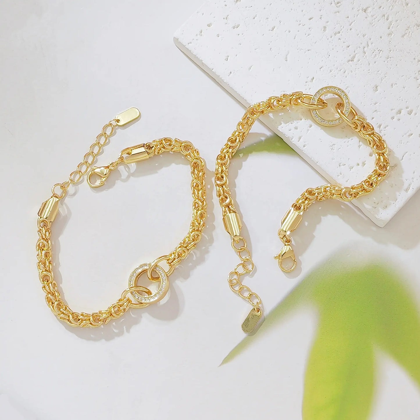 18K Gold Plated Byzantine Chain Bracelet for Women, Adjustable Link Bracelet with Pave Crystal Circle Charm, 7 Inch, Dainty Statement Jewelry Gift