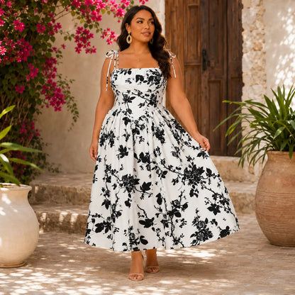 Plus Size Curvy Fit Black Rose Print Midi Sundress, Shirred Stretch Smocked Back, Adjustable Tie Straps Flowy A-Line Vacation Summer Dress Casual Wear Womenswear