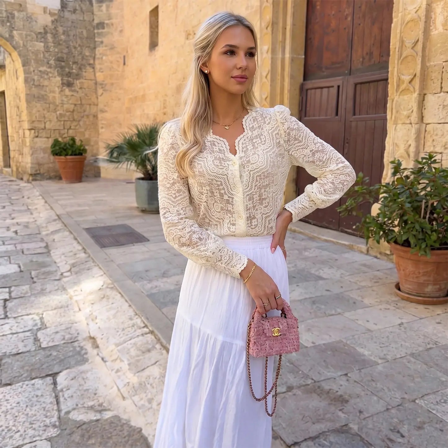 Chicovar Women'S Lace Blouse, V Neck Long Sleeve Shirt, Button Down, Lantern Sleeves with Elastic Cuffs, Elegant Floral Lace Tops Dressy Casual for Daily Wear Formal Going Out Date Business Work