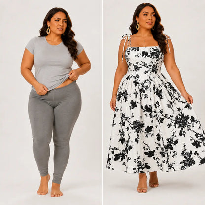 Plus Size Curvy Fit Black Rose Print Midi Sundress, Shirred Stretch Smocked Back, Adjustable Tie Straps Flowy A-Line Vacation Summer Dress Casual Wear Womenswear