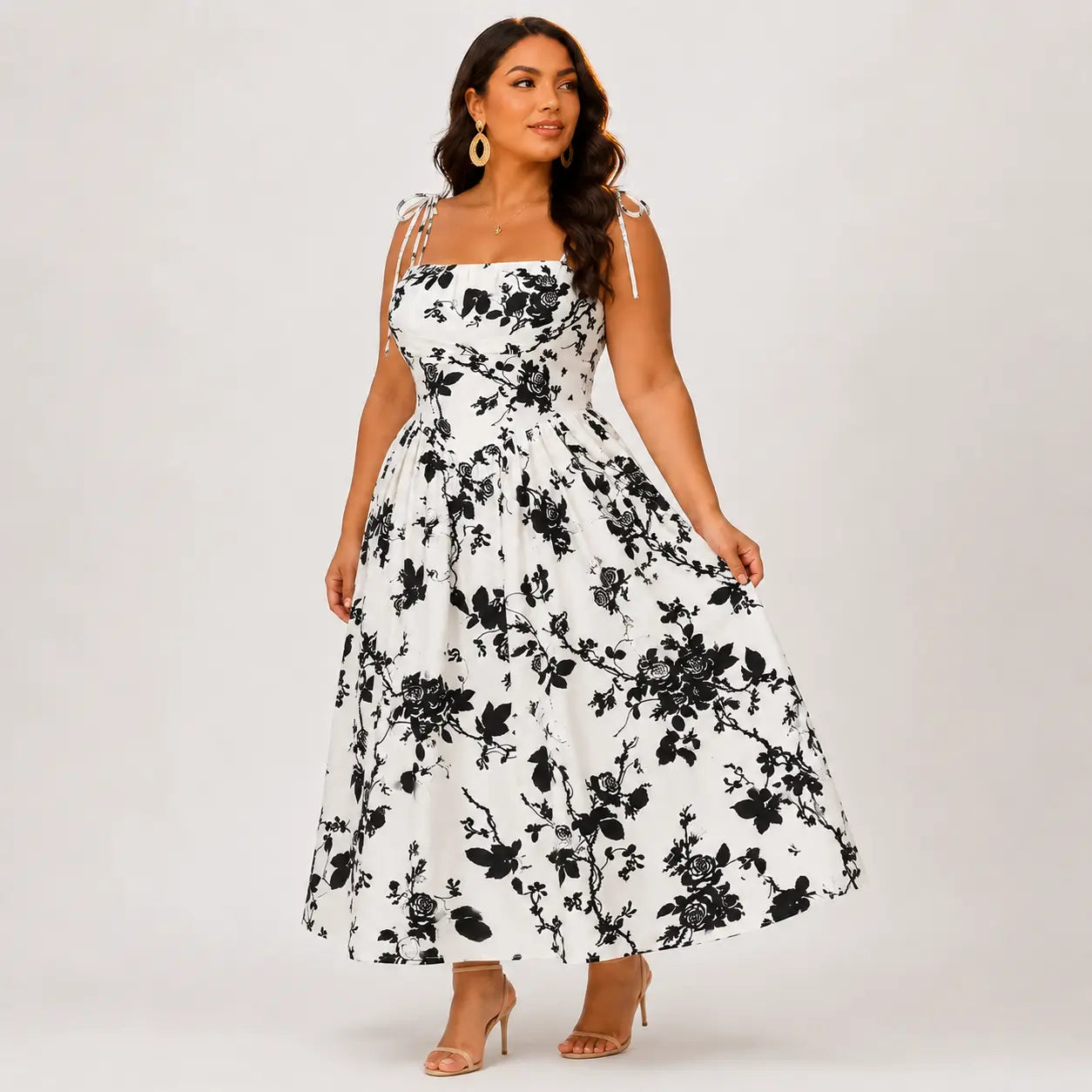 Plus Size Curvy Fit Black Rose Print Midi Sundress, Shirred Stretch Smocked Back, Adjustable Tie Straps Flowy A-Line Vacation Summer Dress Casual Wear Womenswear