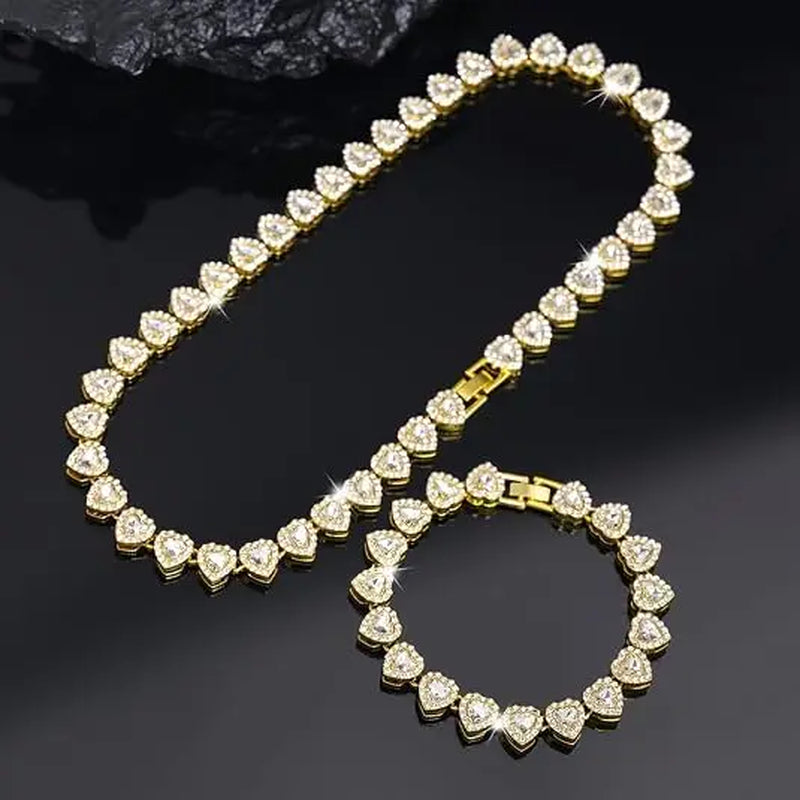 2Pcs Set Heart Shaped Cuban Chain Necklace Set for &,Hip Hop Style Choker Set,Luxurious Jewelry Set for Valentine'S Day Gifts, Birthday,Everyday & Party Wear, for Teenager