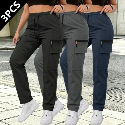 LIFE KEEPS MOVING Women’S Solid-Color Cargo Pants for All Seasons，3/1Pack—Joggers with Multiple Pockets, Outdoor Sports Wear, Casual Drawstring Elastic Waist, Durable Everyday Bottoms for Spring and Autumn; Women’S Clothing