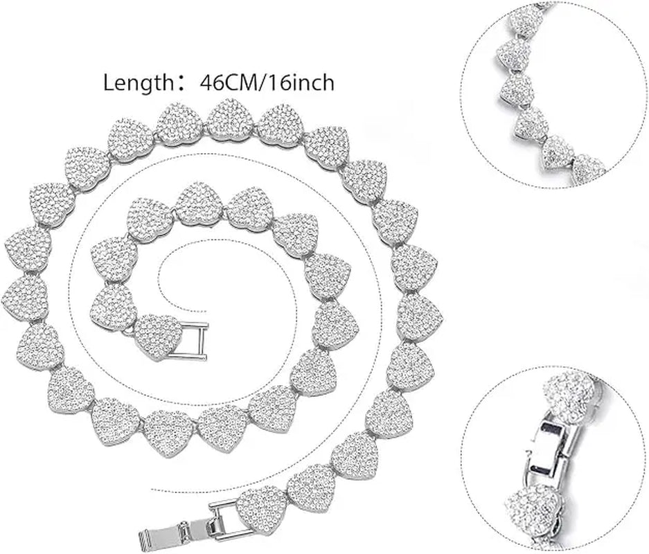2Pcs Set Heart Shaped Cuban Chain Necklace Set for &,Hip Hop Style Choker Set,Luxurious Jewelry Set for Valentine'S Day Gifts, Birthday,Everyday & Party Wear, for Teenager