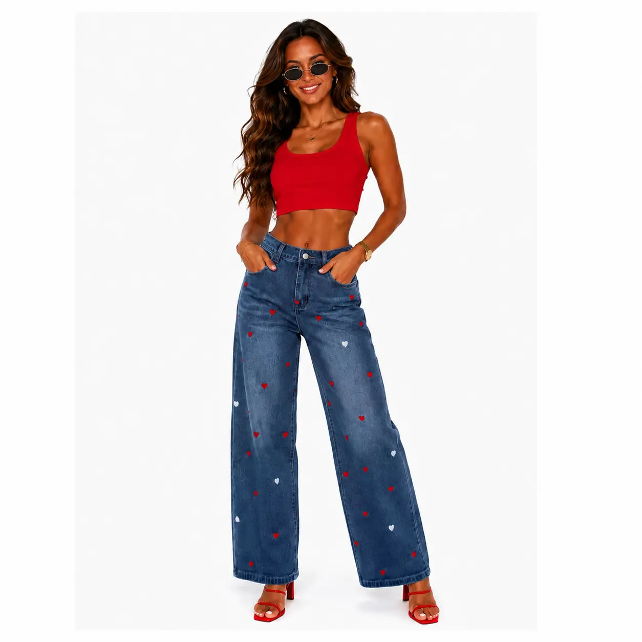 Utcoco Women'S Heart Graphic Wide Leg Jeans, Stretchy Denim Relaxed Fit Baggy Trousers for All Seasons, Trouser, Stretchy Baggy Jeans, Relaxed Fit Style, Loose Fit Wide-Leg Jeans